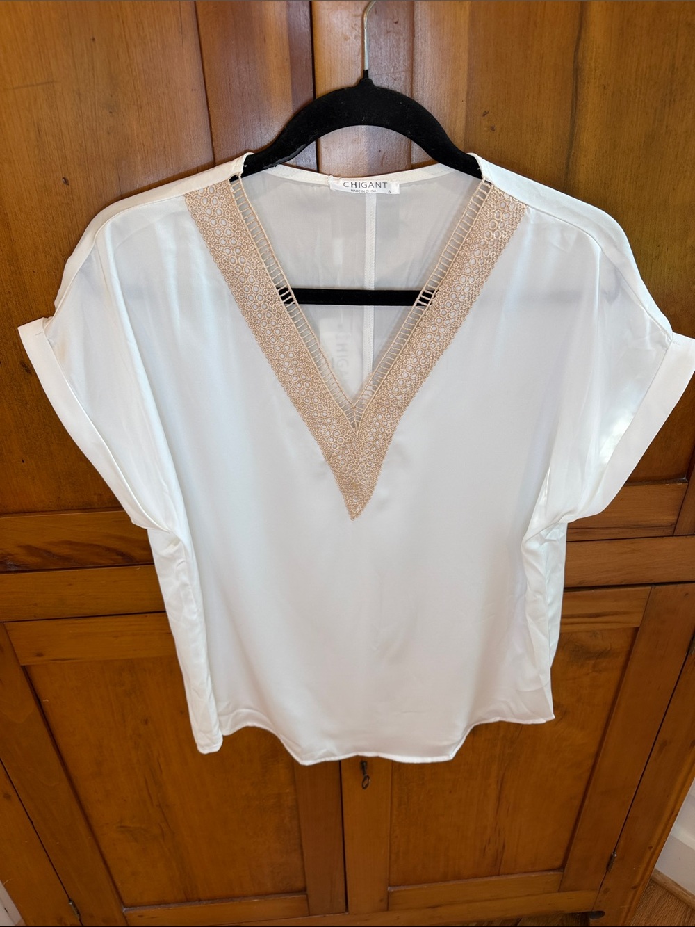Chigant Chic White Satin Blouse with Beige V-Neck Lace Trim, C - Parisian Chic S